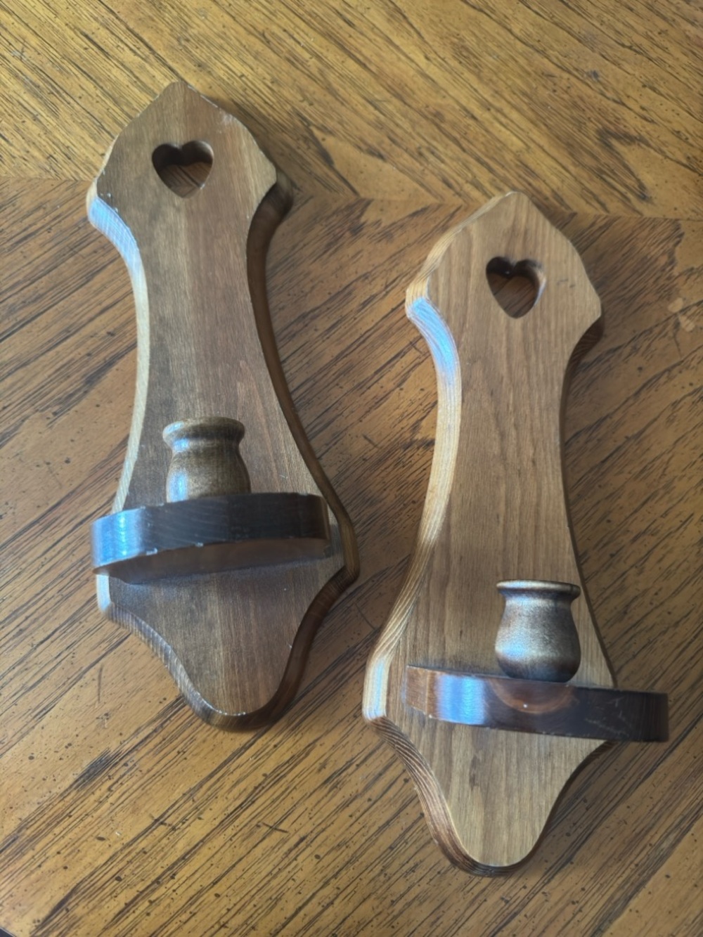 Vintage 1960 Wooden Heart Wall Candle Holders - Pair - Brown